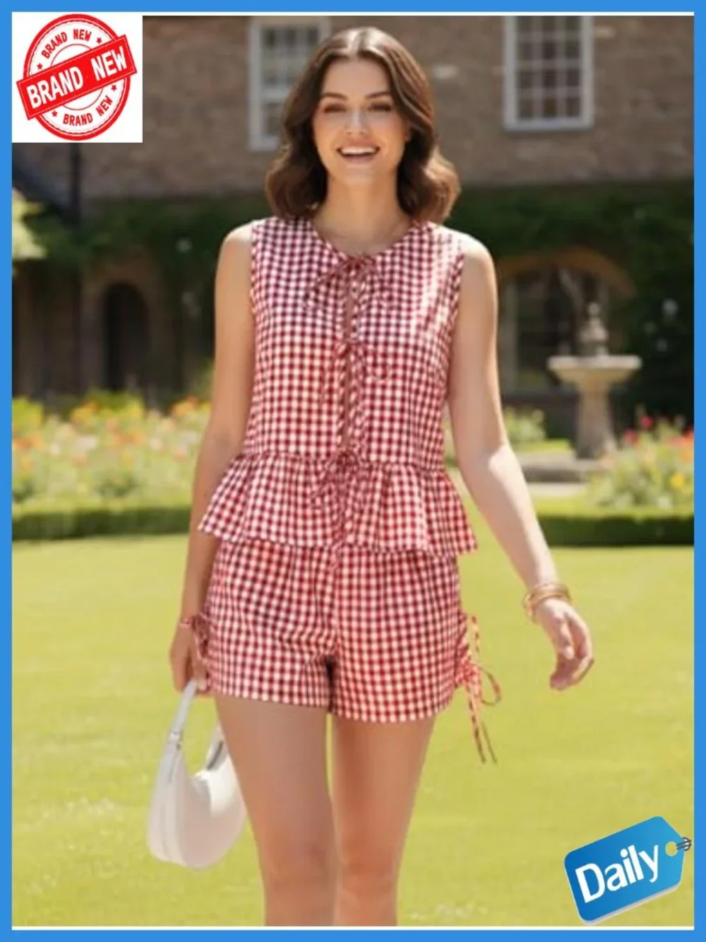 Trendy Gingham Shorts Set, Sleeveless Blouse, Cotton Blend, Adjustable